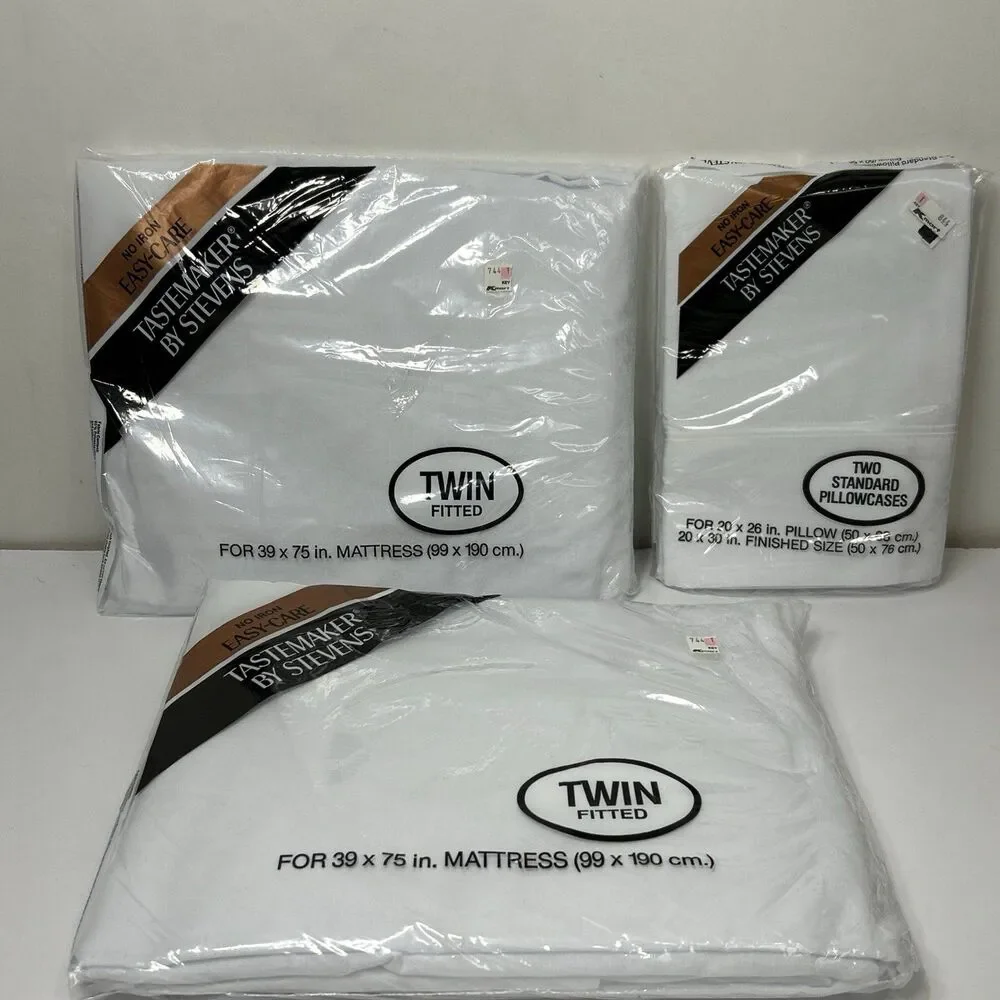 Tastemaker by Stevens Twin Flat Fitted Sheet Pillowcase Set white NOS